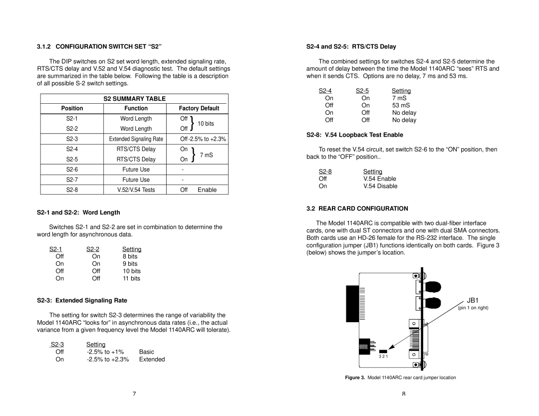 Patton electronic 1140ARC user manual Configuration Switch SET S2, S2 Summary Table, Rear Card Configuration 