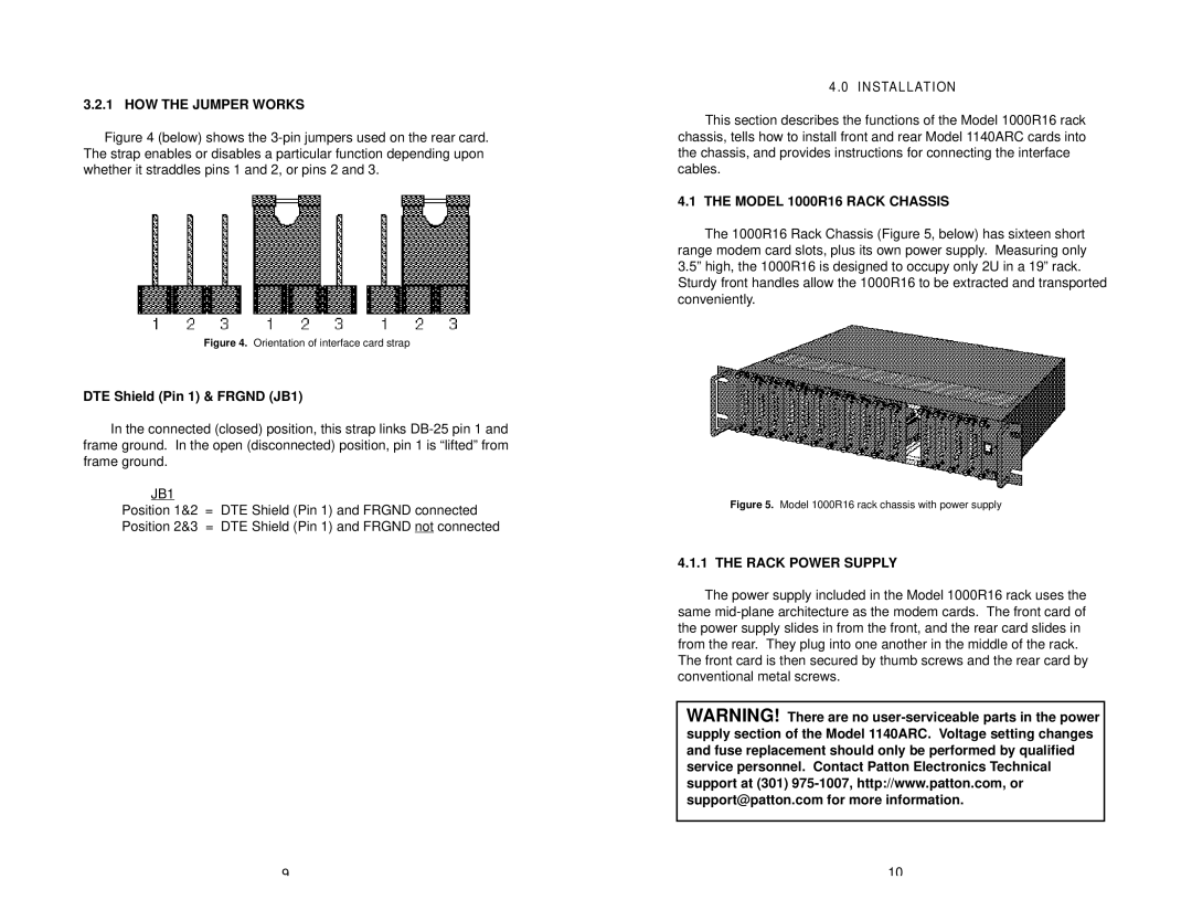 Patton electronic 1140ARC HOW the Jumper Works, DTE Shield Pin 1 & Frgnd JB1, Installation, Model 1000R16 Rack Chassis 