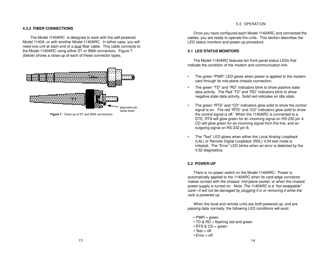 Patton electronic 1140ARC user manual Fiber Connections, Operation, LED Status Monitors, Power-Up 