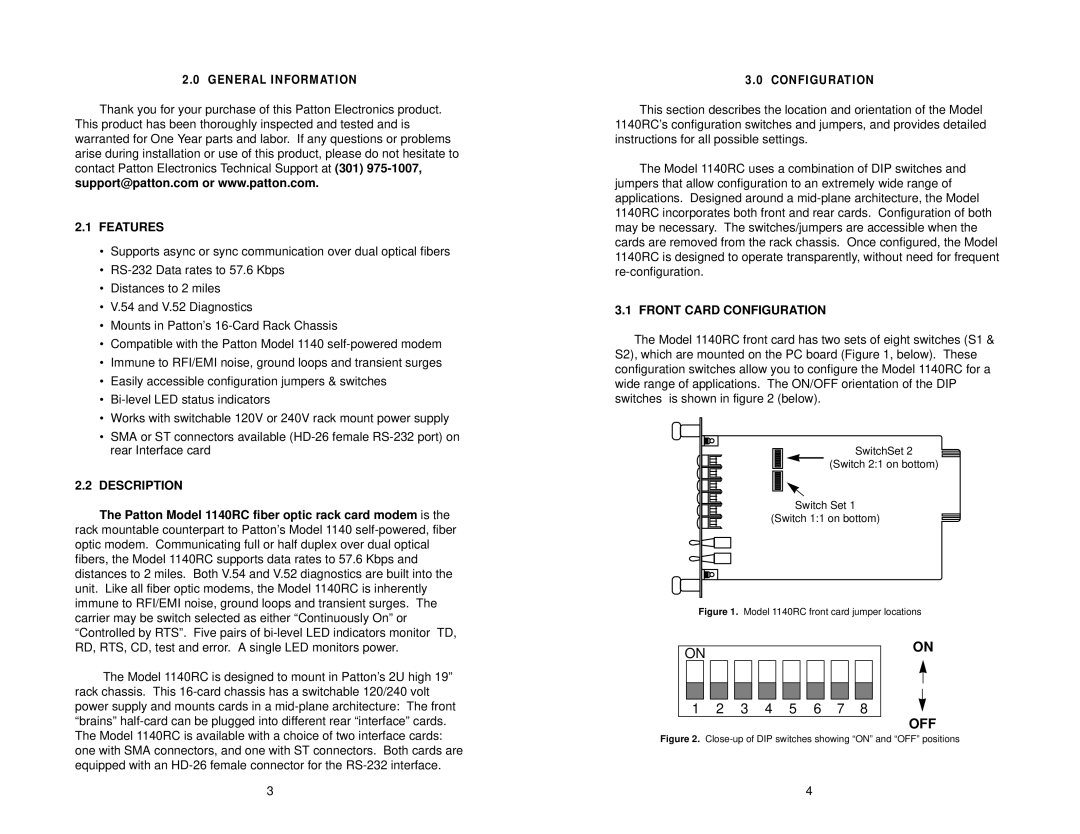 Patton electronic 1140RC user manual Features, Description, Front Card Configuration 