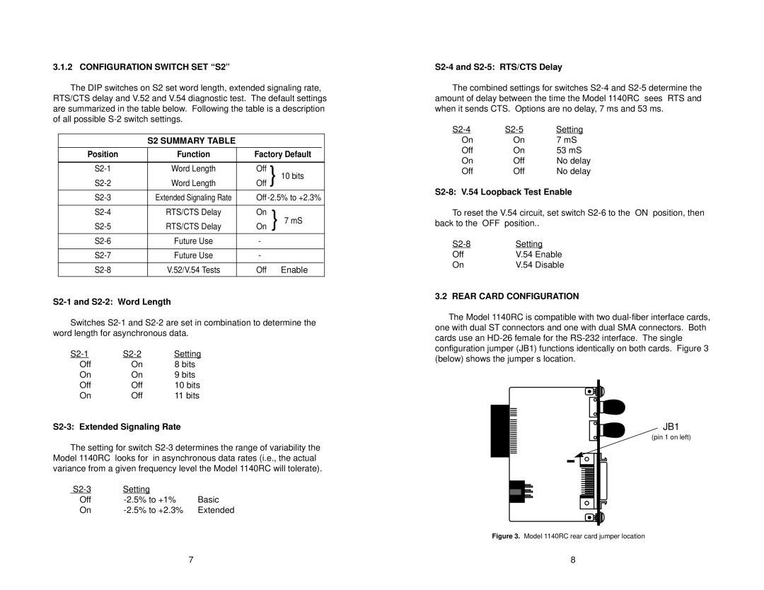 Patton electronic 1140RC user manual Configuration Switch SET S2, S2 Summary Table, Rear Card Configuration 