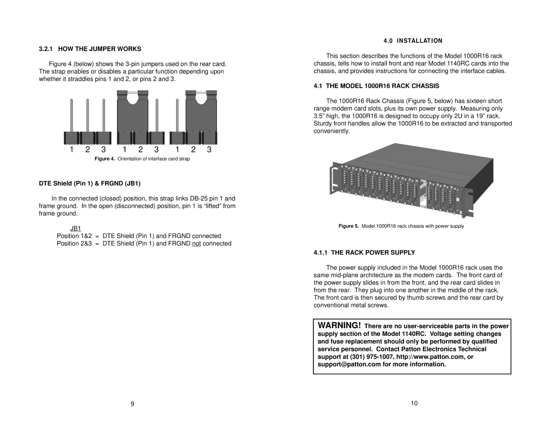 Patton electronic 1140RC HOW the Jumper Works, DTE Shield Pin 1 & Frgnd JB1, Model 1000R16 Rack Chassis, Rack Power Supply 