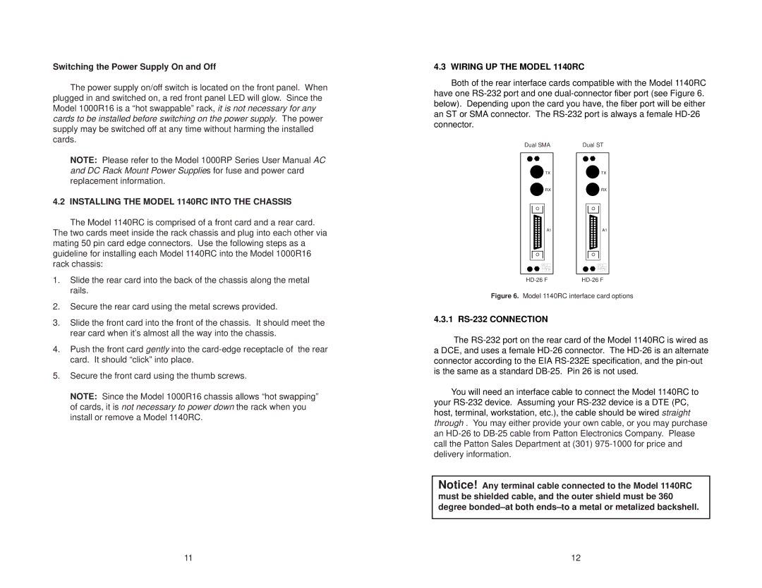 Patton electronic user manual Switching the Power Supply On and Off, Installing the Model 1140RC Into the Chassis 