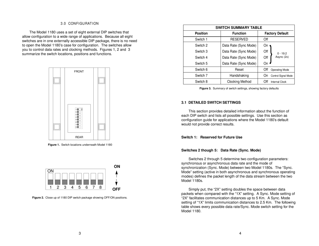 Patton electronic 1180 user manual Switch Summary Table, Detailed Switch Settings 