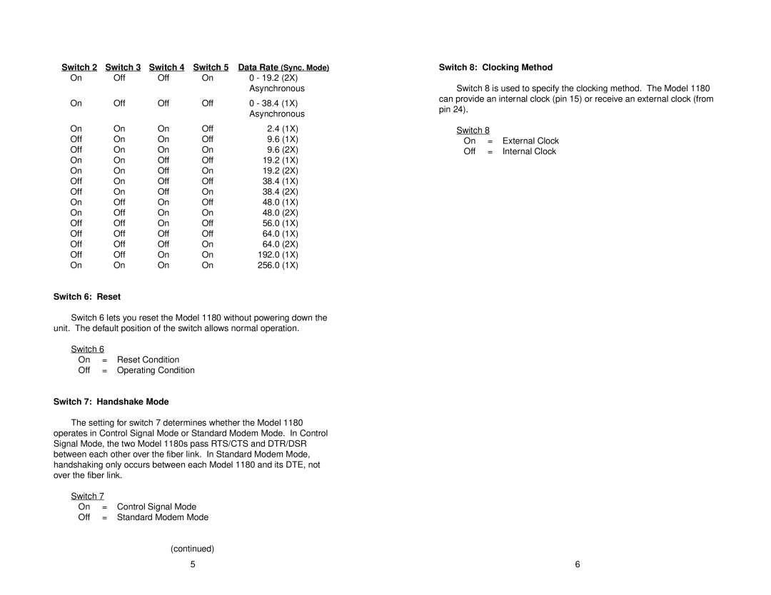 Patton electronic 1180 user manual Switch 6 Reset, Switch 7 Handshake Mode, Switch 8 Clocking Method 