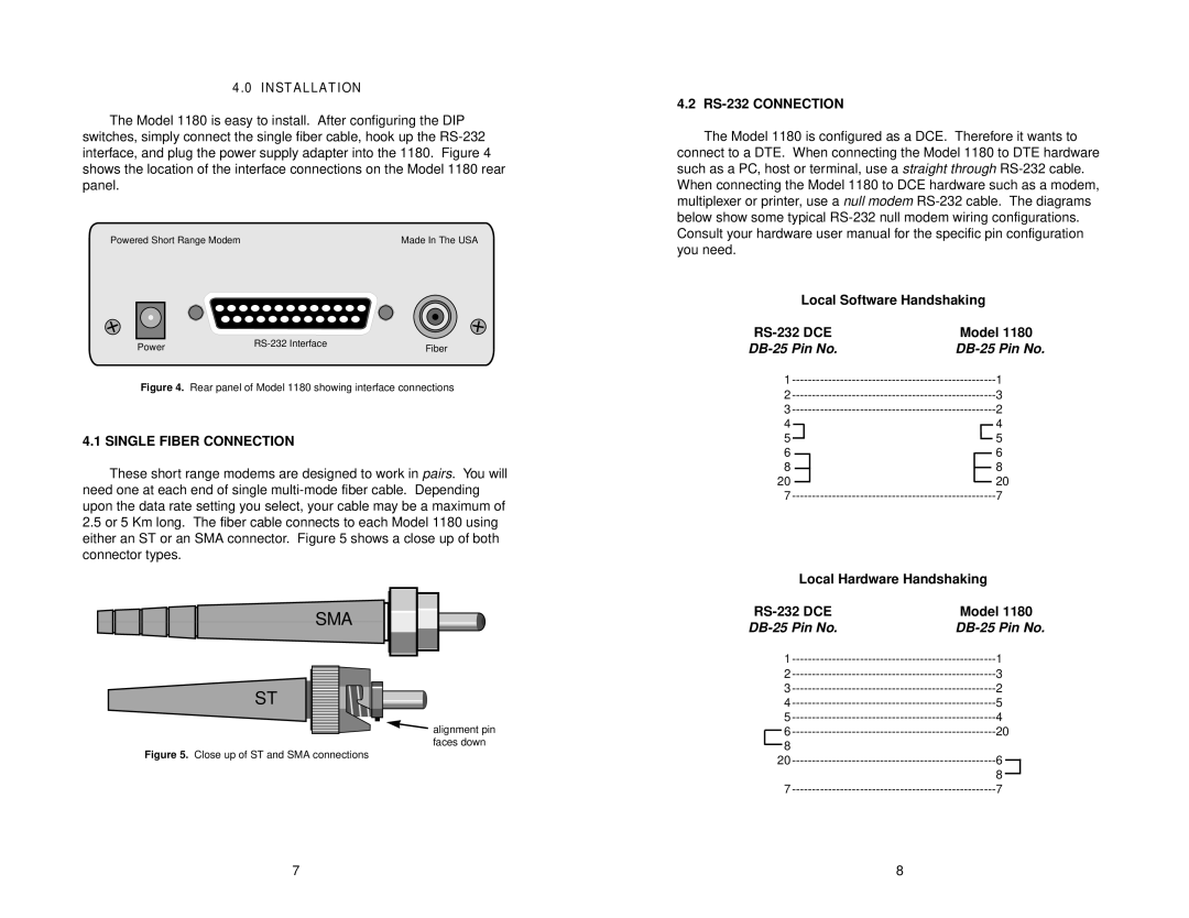 Patton electronic 1180 user manual Single Fiber Connection, RS-232 Connection, Local Software Handshaking RS-232 DCE Model 