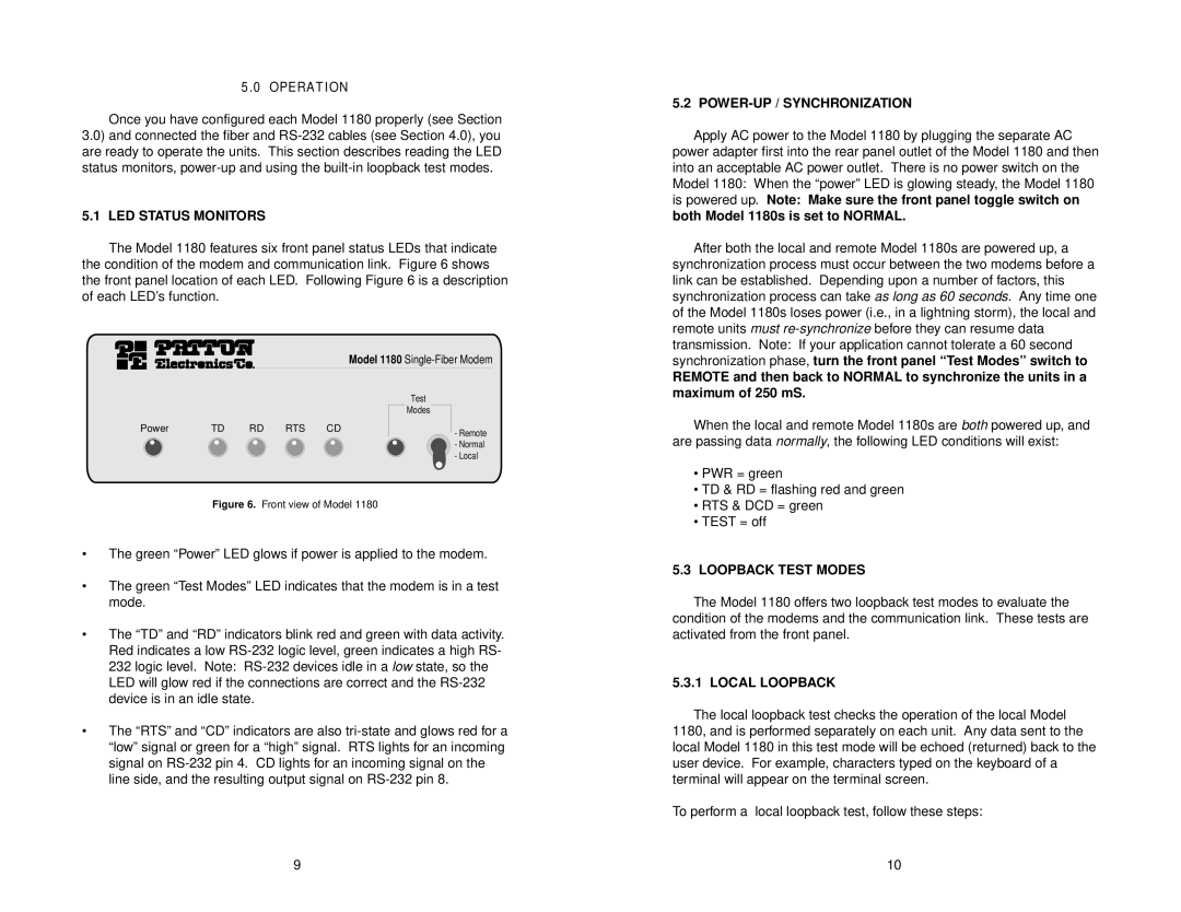 Patton electronic 1180 user manual LED Status Monitors, POWER-UP / Synchronization, Loopback Test Modes, Local Loopback 