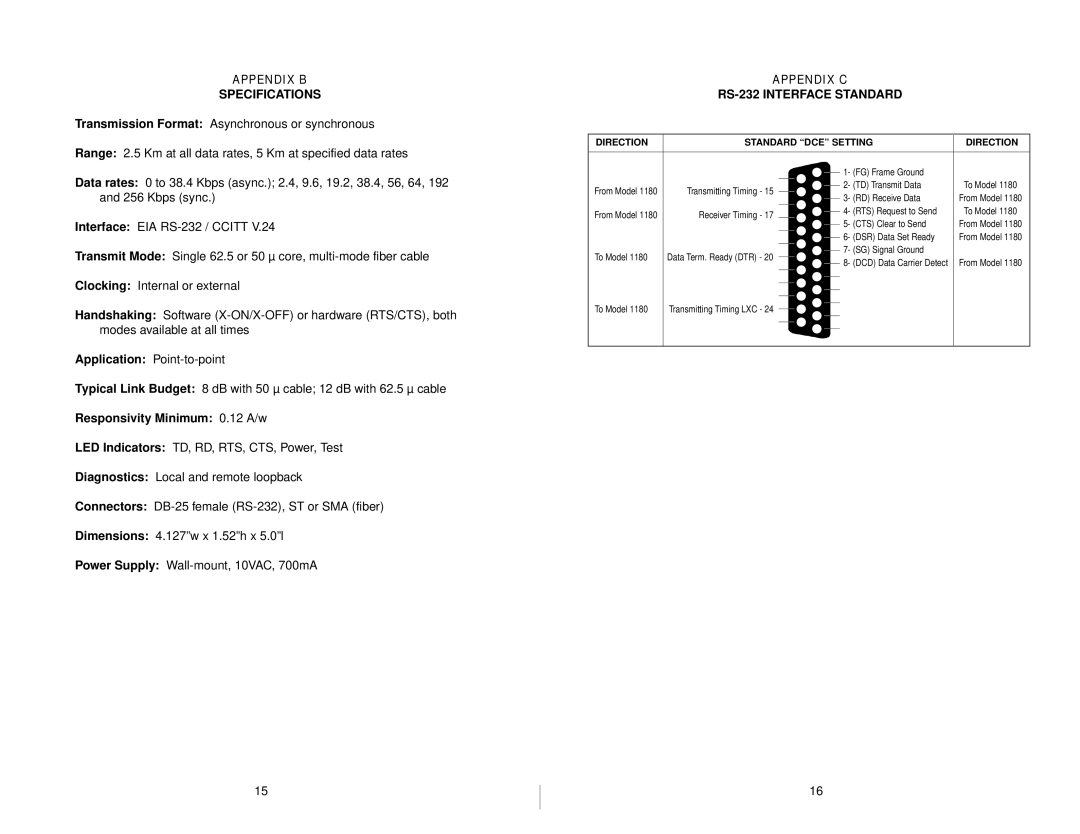 Patton electronic 1180 user manual Specifications, Responsivity Minimum 0.12 A/w, RS-232 Interface Standard 