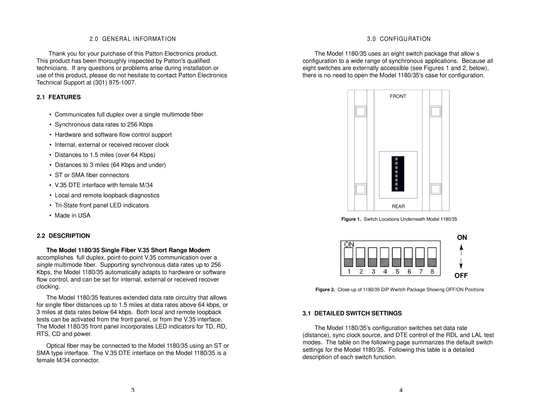 Patton electronic 1180/35 user manual General Information, Features, Description, Configuration, Detailed Switch Settings 