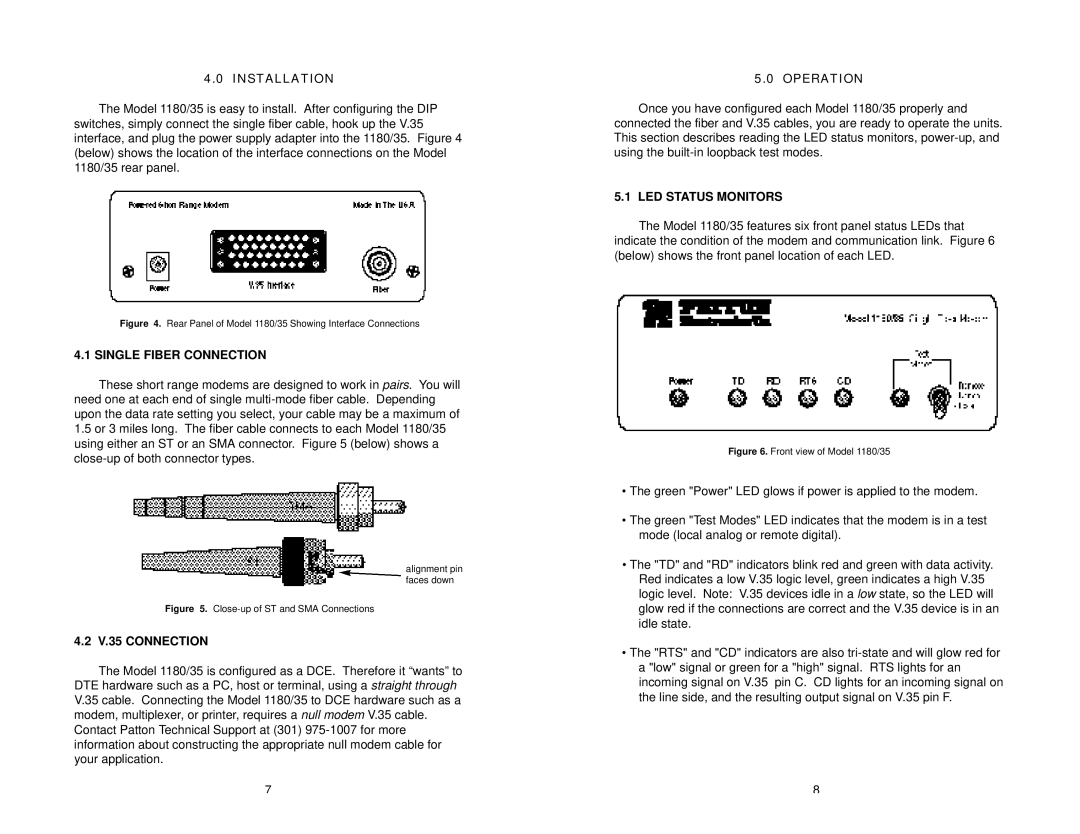 Patton electronic 1180/35 Installation, Single Fiber Connection, V.35 Connection, Operation, LED Status Monitors 