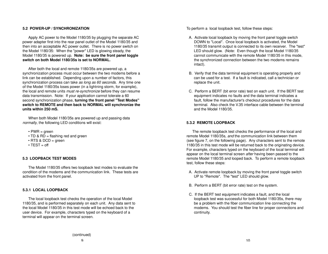 Patton electronic 1180/35 user manual POWER-UP / Synchronization, Loopback Test Modes, Local Loopback, Remote Loopback 