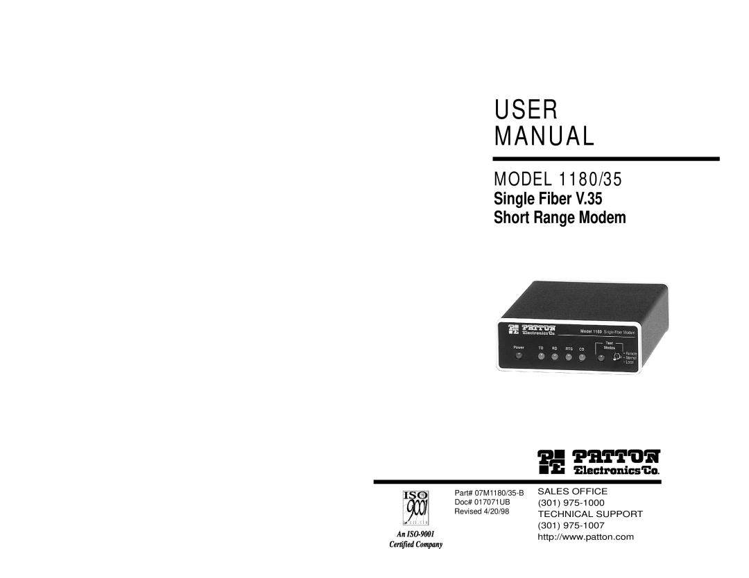 Patton electronic user manual User Manual, MODEL 1180/35, Single Fiber Short Range Modem, An ISO-9001, Doc# 017071UB 