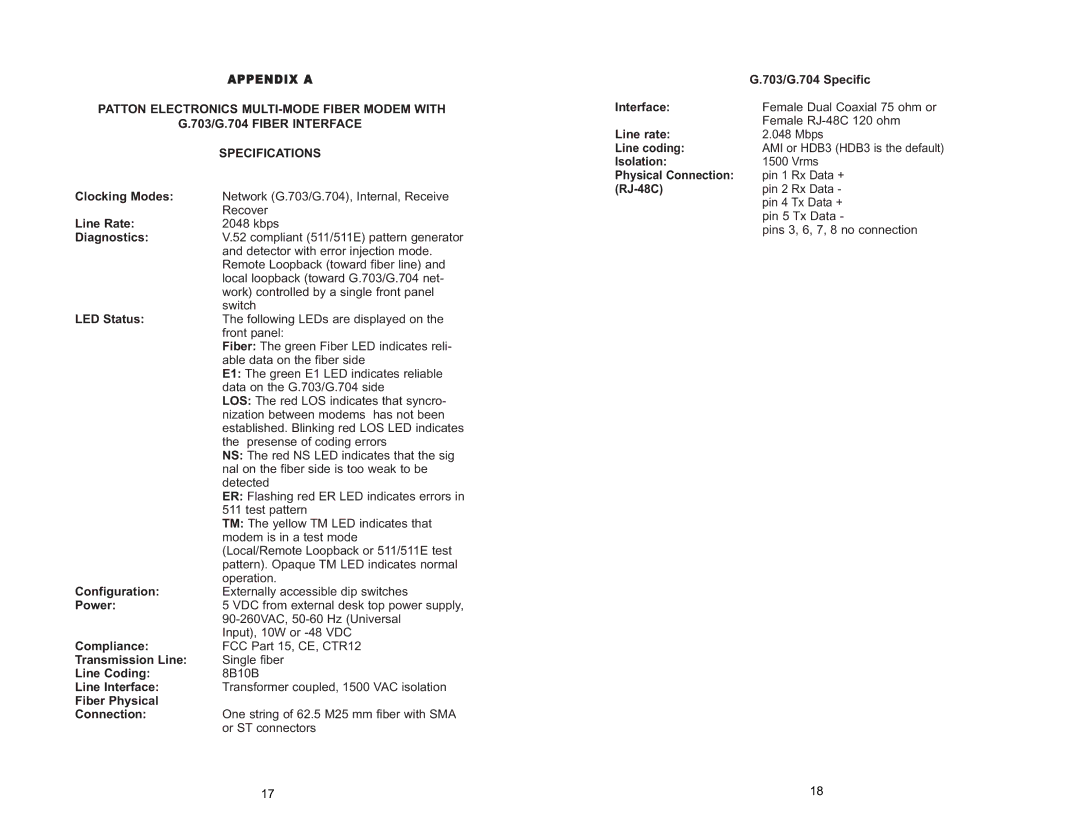 Patton electronic 1186 Clocking Modes, Line Rate, Diagnostics, LED Status, Configuration, Power, Compliance, Line Coding 