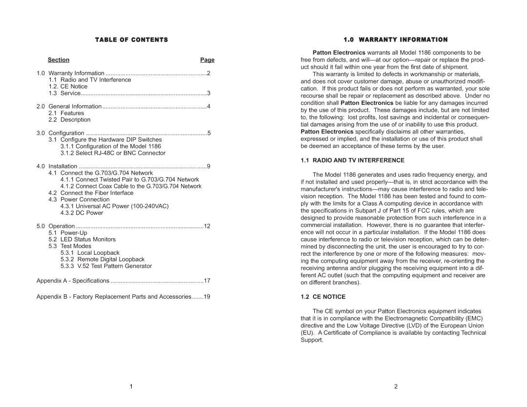 Patton electronic 1186 user manual Section, Radio and TV Interference, CE Notice 