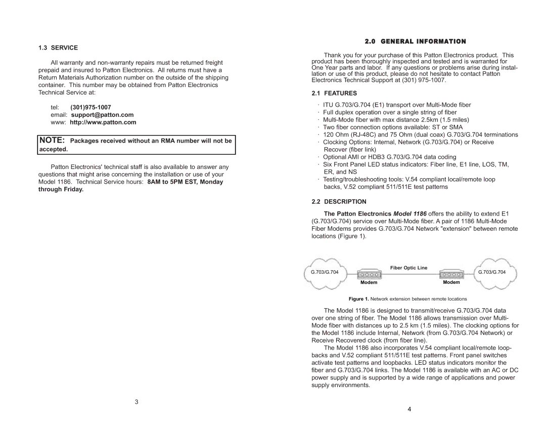 Patton electronic 1186 user manual Service, Tel Email support@patton.com, Features, Description 