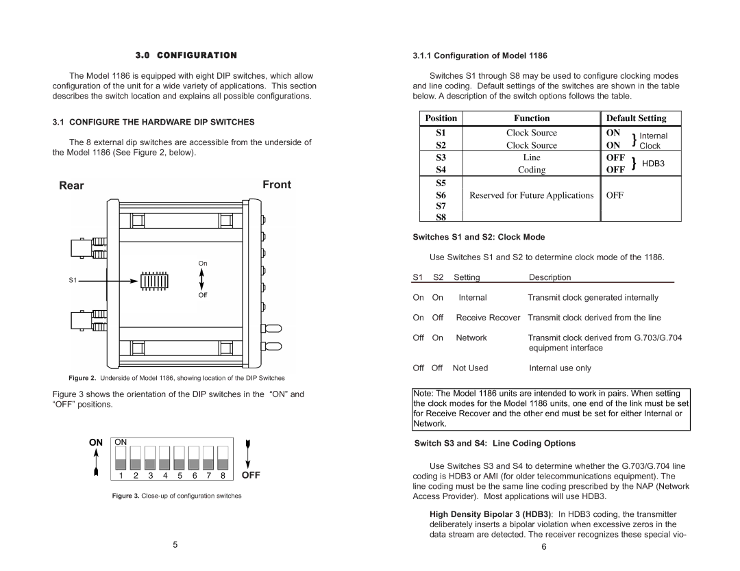 Patton electronic 1186 user manual Configure the Hardware DIP Switches, HDB3 