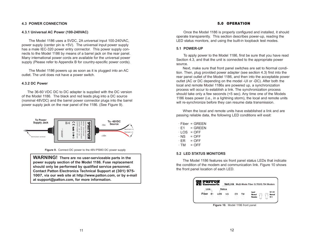 Patton electronic 1186 user manual Power Connection, Universal AC Power 100-240VAC, DC Power, Power-Up, LED Status Monitors 