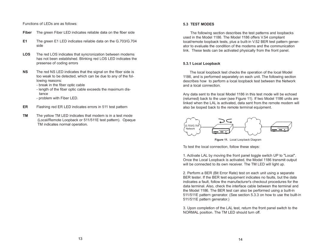 Patton electronic 1186 user manual Test Modes, Local Loopback 