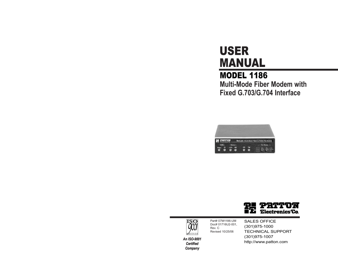 Patton electronic 1186 user manual User Manual, Model, Multi-Mode Fiber Modem with Fixed G.703/G.704 Interface, Company 