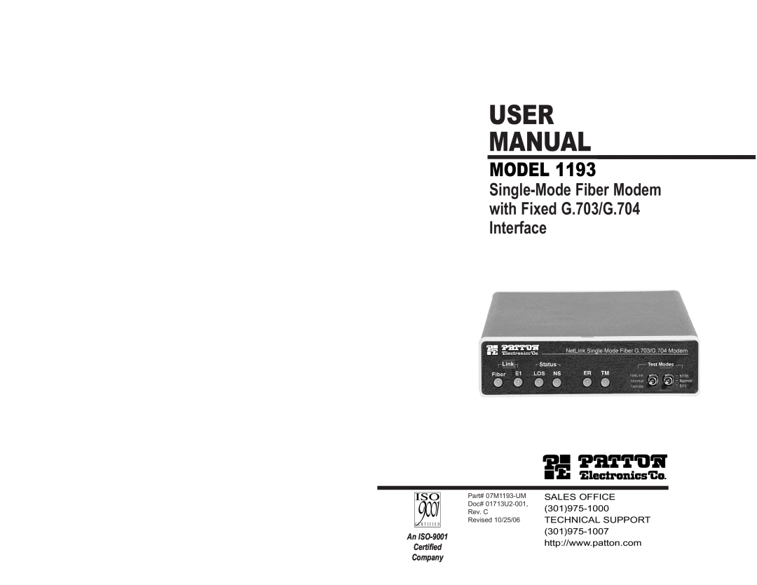Patton electronic 1193 user manual User Manual, Model, Single-Mode Fiber Modem with Fixed G.703/G.704 Interface, Company 