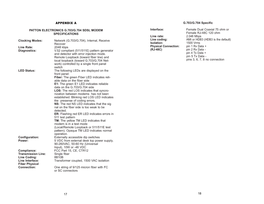 Patton electronic 1193 user manual Patton Electronics G.703/G.704 Sdsl Modem Specifications 