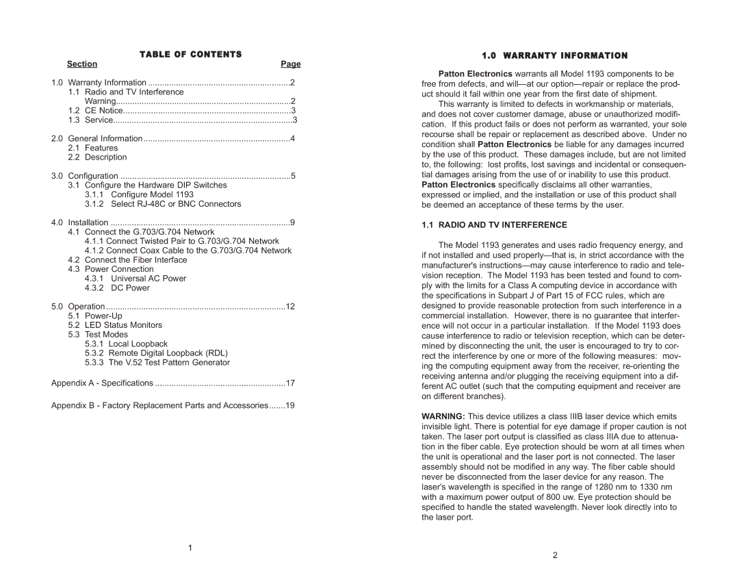 Patton electronic 1193 user manual Section, Radio and TV Interference 