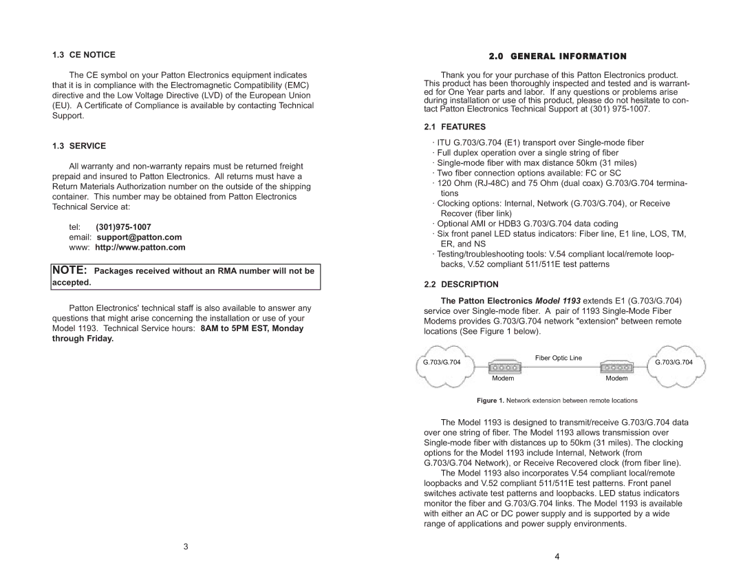 Patton electronic 1193 user manual CE Notice, Service, Tel Email support@patton.com, Features, Description 