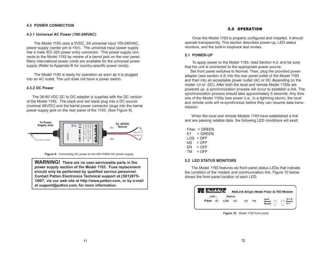 Patton electronic 1193 user manual Power Connection, Universal AC Power 100-240VAC, DC Power, Power-Up, LED Status Monitors 