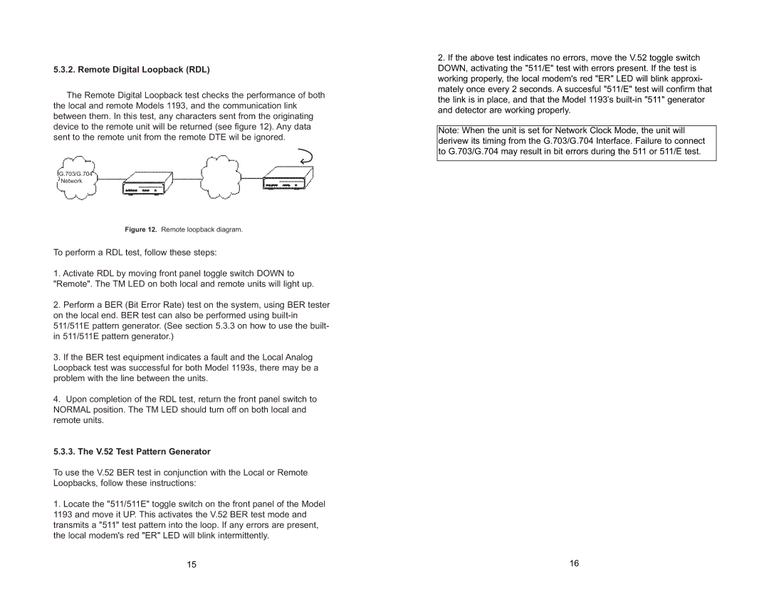 Patton electronic 1193 user manual Remote Digital Loopback RDL, V.52 Test Pattern Generator 