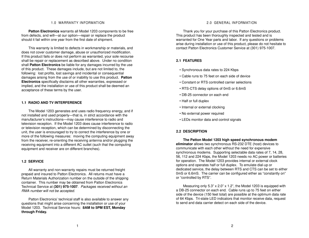 Patton electronic 1203 user manual Radio and TV Interference, Service, Features, Description 