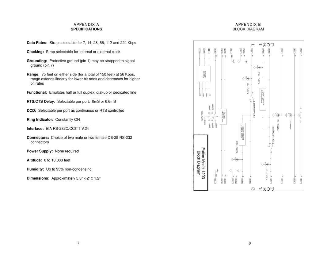 Patton electronic 1203 Appendix a Specifications, Ring Indicator Constantly on, Power Supply None required, Appendix B 