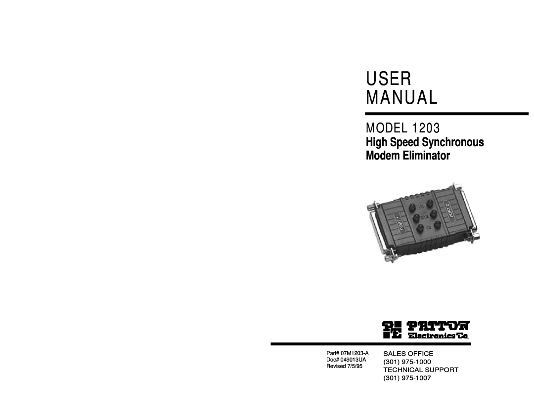 Patton electronic 1203 user manual User Manual, Model, High Speed Synchronous Modem Eliminator 
