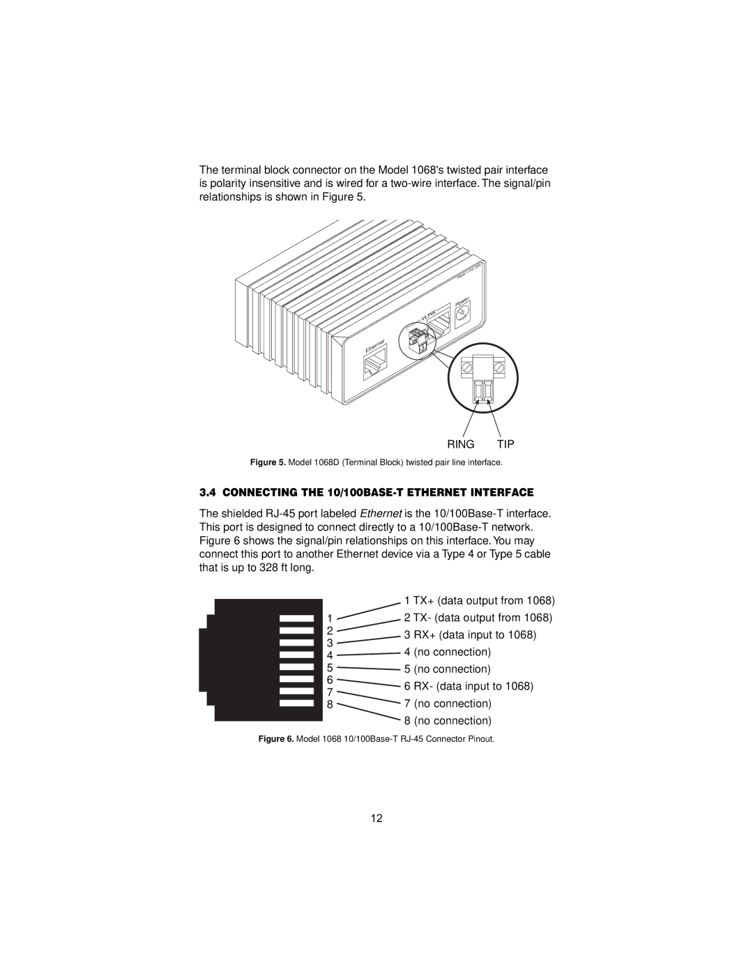 Patton electronic 12168 user manual Connecting the 10/100BASE-T Ethernet Interface 