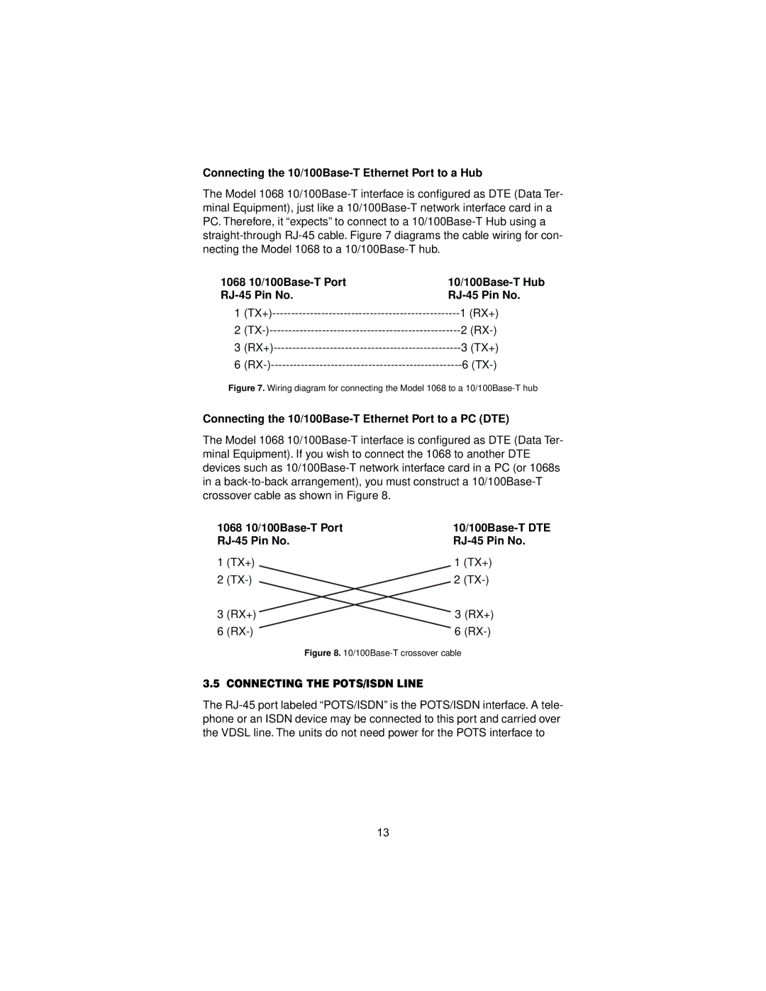 Patton electronic 12168 user manual Connecting the 10/100Base-T Ethernet Port to a Hub, Connecting the POTS/ISDN Line 