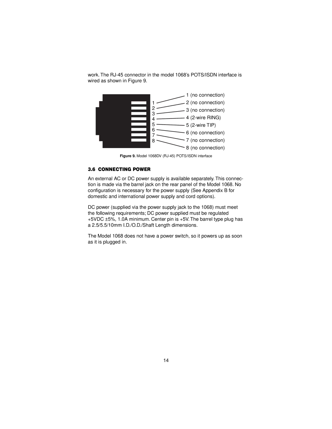 Patton electronic 12168 user manual Connecting Power, Model 1068DV RJ-45 POTS/ISDN interface 