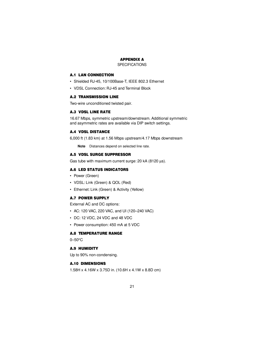 Patton electronic 12168 Appendix a, LAN Connection, Transmission Line, Vdsl Line Rate, Vdsl Distance, Power Supply 