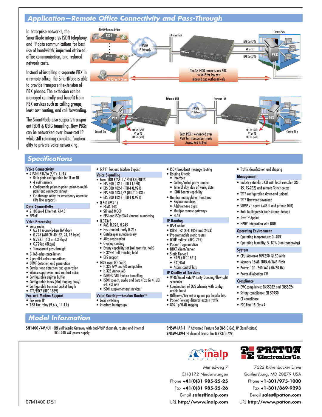 Patton electronic 1400 Series Application-Remote Office Connectivity and Pass-Through, Specifications, Model Information 