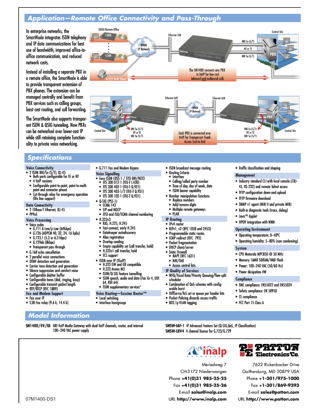 Patton electronic 1400 Series Application-Remote Office Connectivity and Pass-Through, Specifications, Model Information 