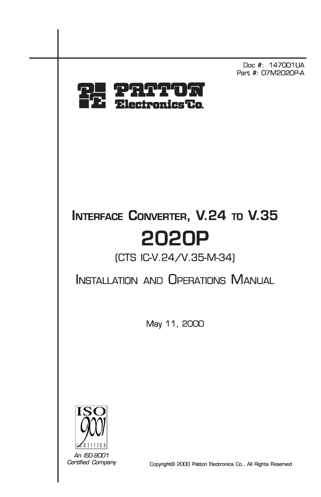 Patton electronic manual CTS IC-V.24/V.35-M-34, May 11, Doc # 147001UA 07M2020P-A, An ISO-9001, Certified Company 
