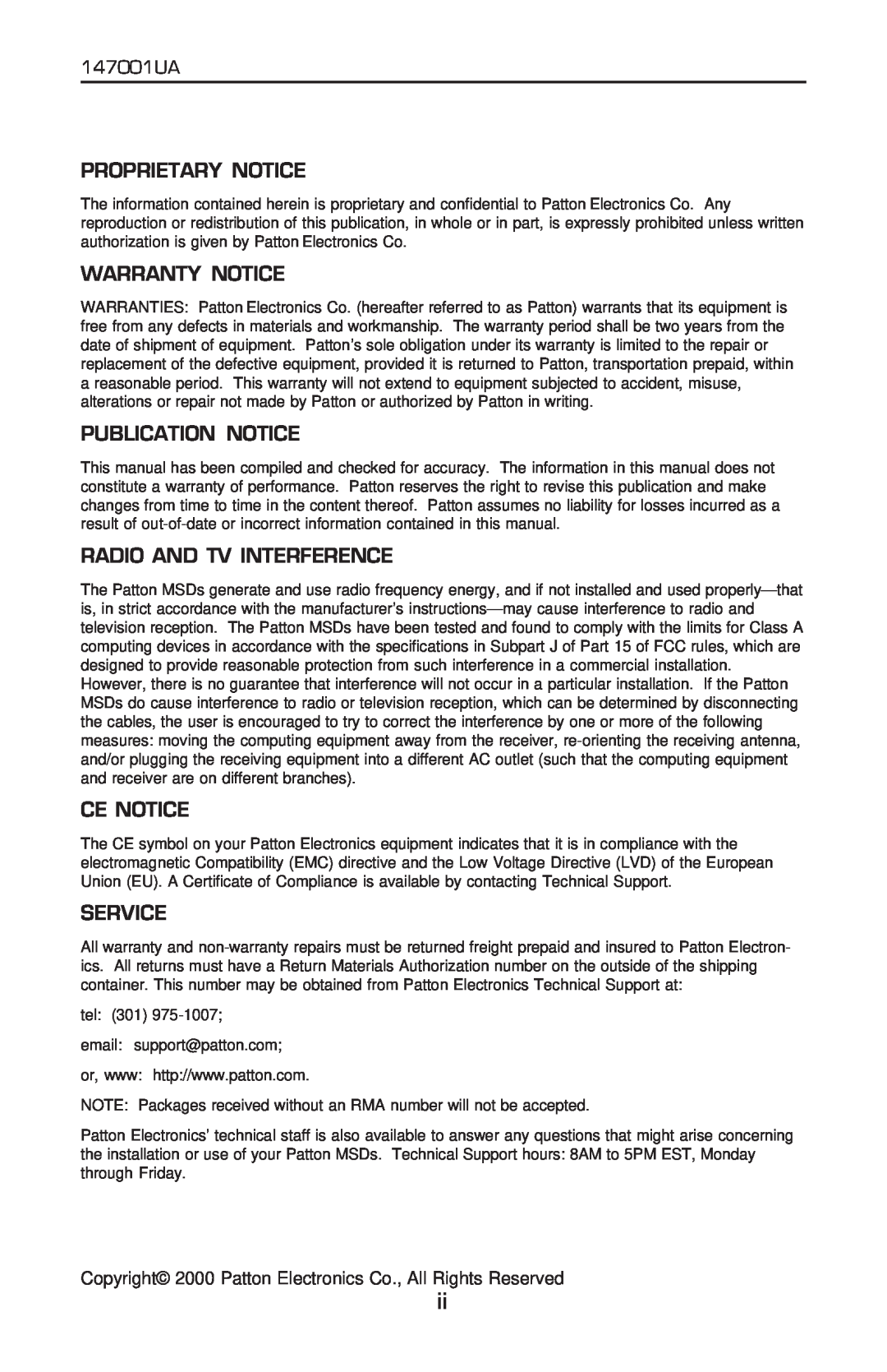 Patton electronic 2020P Proprietary Notice, Warranty Notice, Publication Notice, Radio And Tv Interference, Ce Notice 