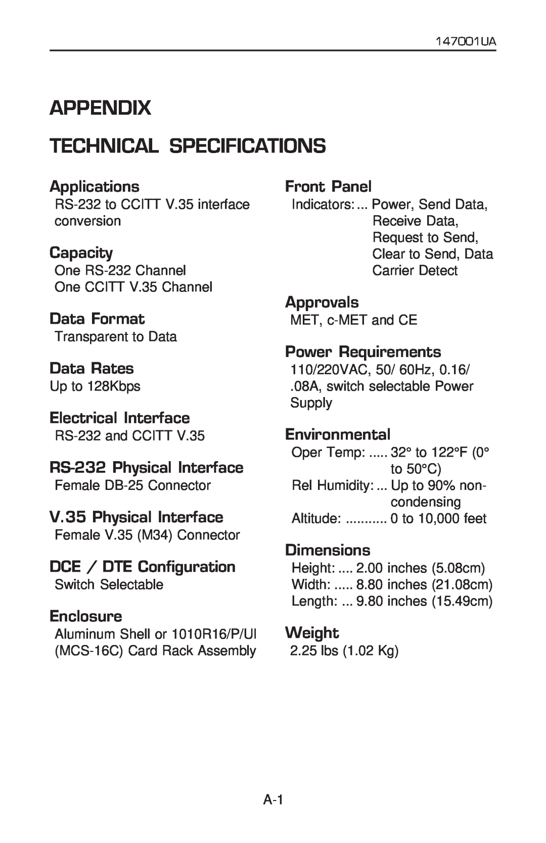 Patton electronic 2020P manual Appendix Technical Specifications 