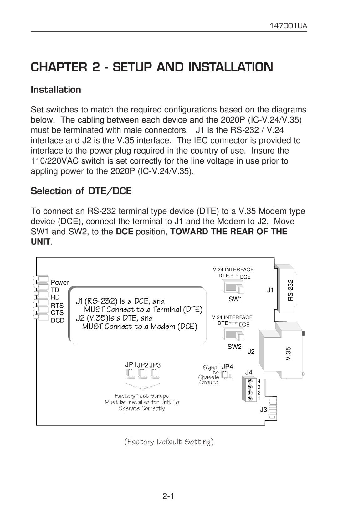 Patton electronic 2020P manual Installation, Selection of DTE/DCE 