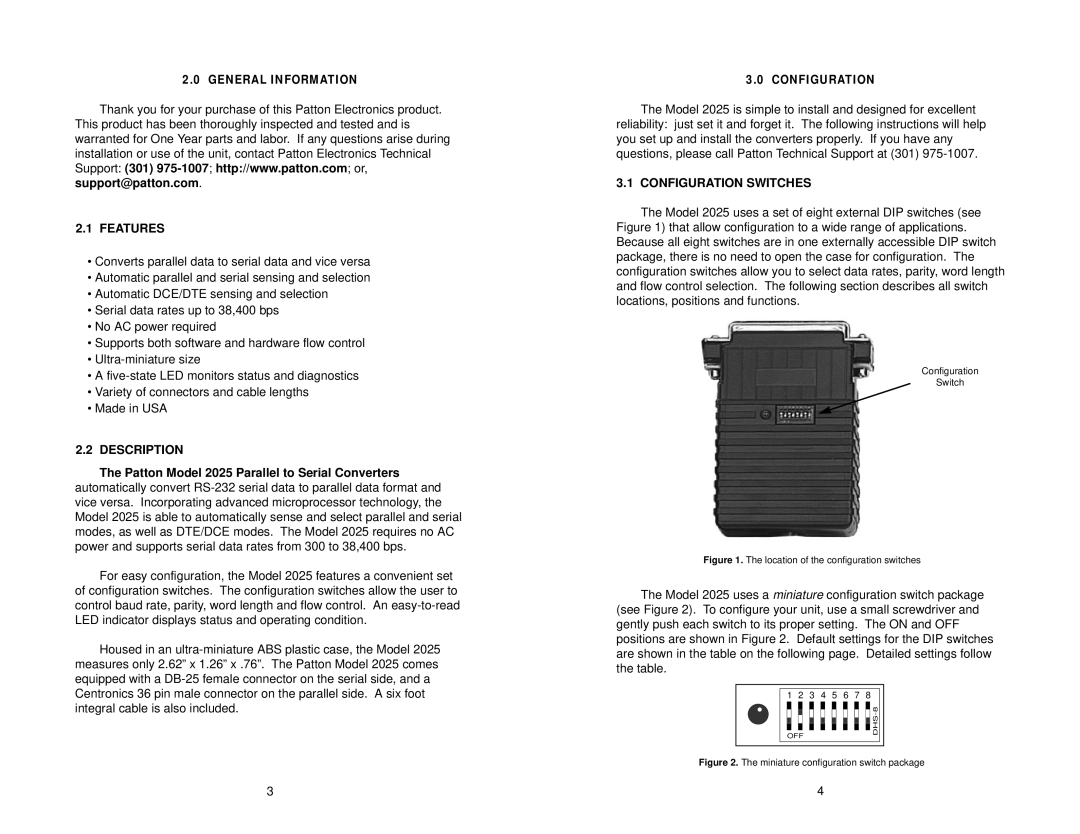 Patton electronic 2025 user manual Features, Description, Configuration Switches 