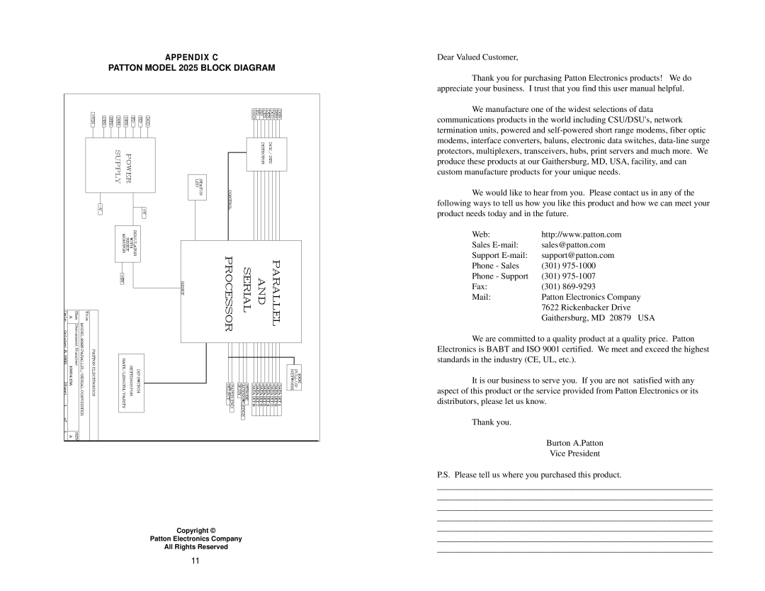 Patton electronic user manual Patton Model 2025 Block Diagram 