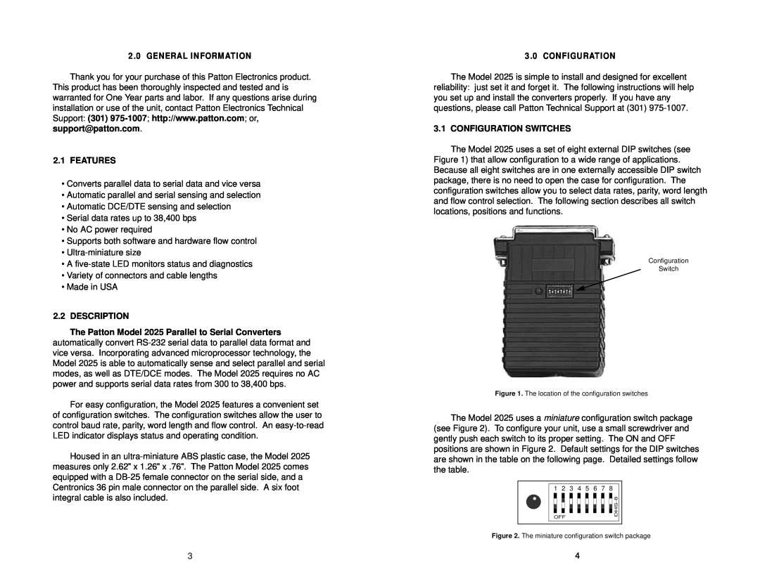 Patton electronic 2025 user manual Features, Description, Configuration Switches 