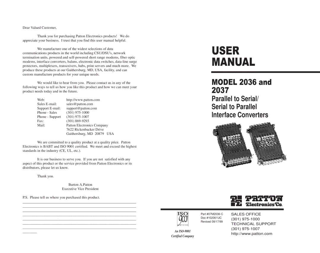 Patton electronic 2037 user manual Model 2036 