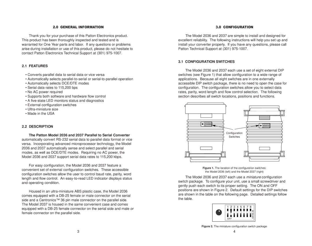 Patton electronic user manual Features, Description, Patton Model 2036 and 2037 Parallel to Serial Converter 