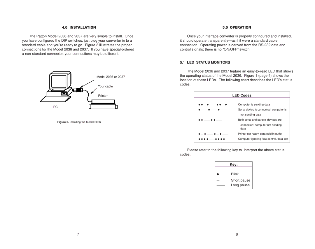 Patton electronic 2037, 2036 user manual LED Status Monitors, LED Codes, Key 