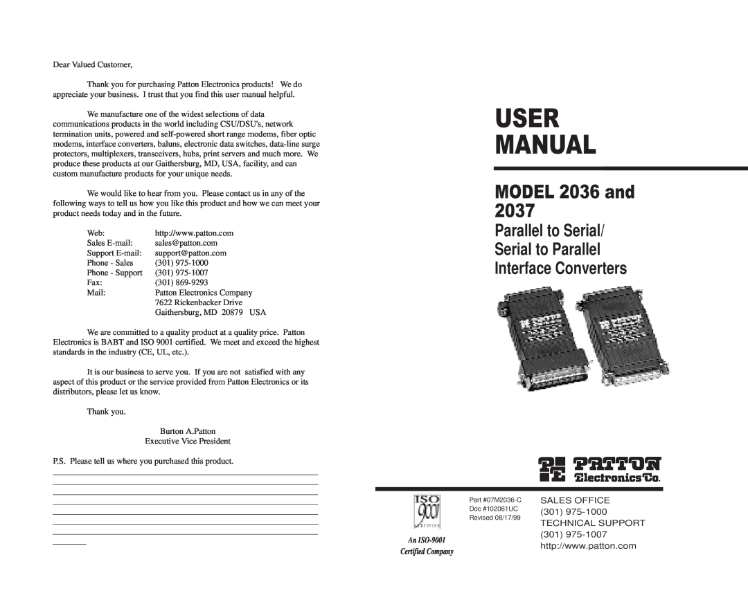 Patton electronic 2037 user manual User Manual, MODEL 2036 and, SALES OFFICE 301 TECHNICAL SUPPORT 