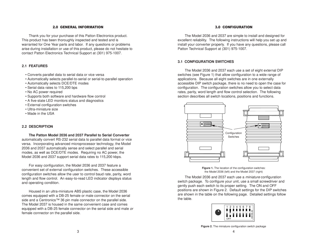 Patton electronic user manual Features, Description, The Patton Model 2036 and 2037 Parallel to Serial Converter 